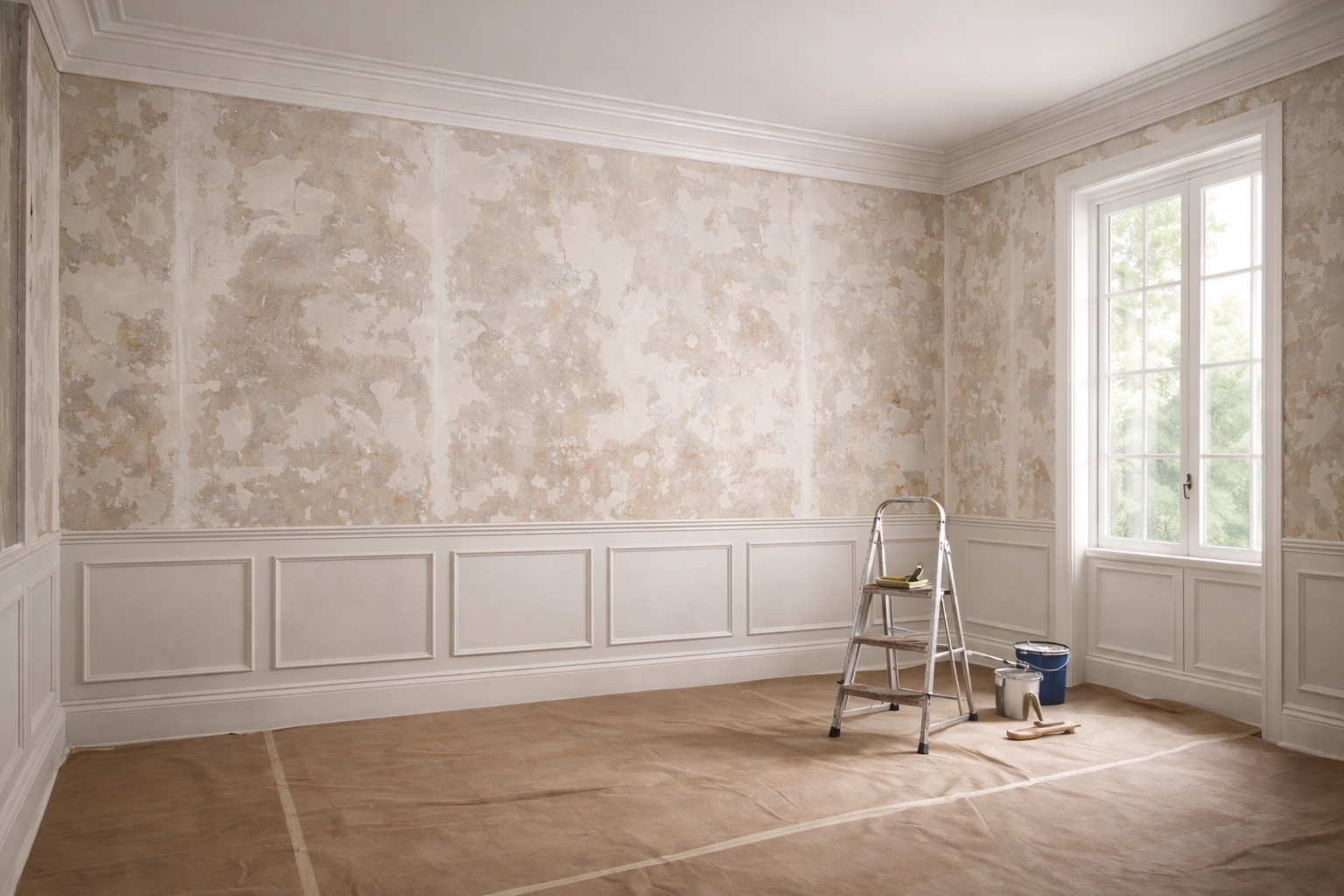 Wall after wallpaper removal and surface repair