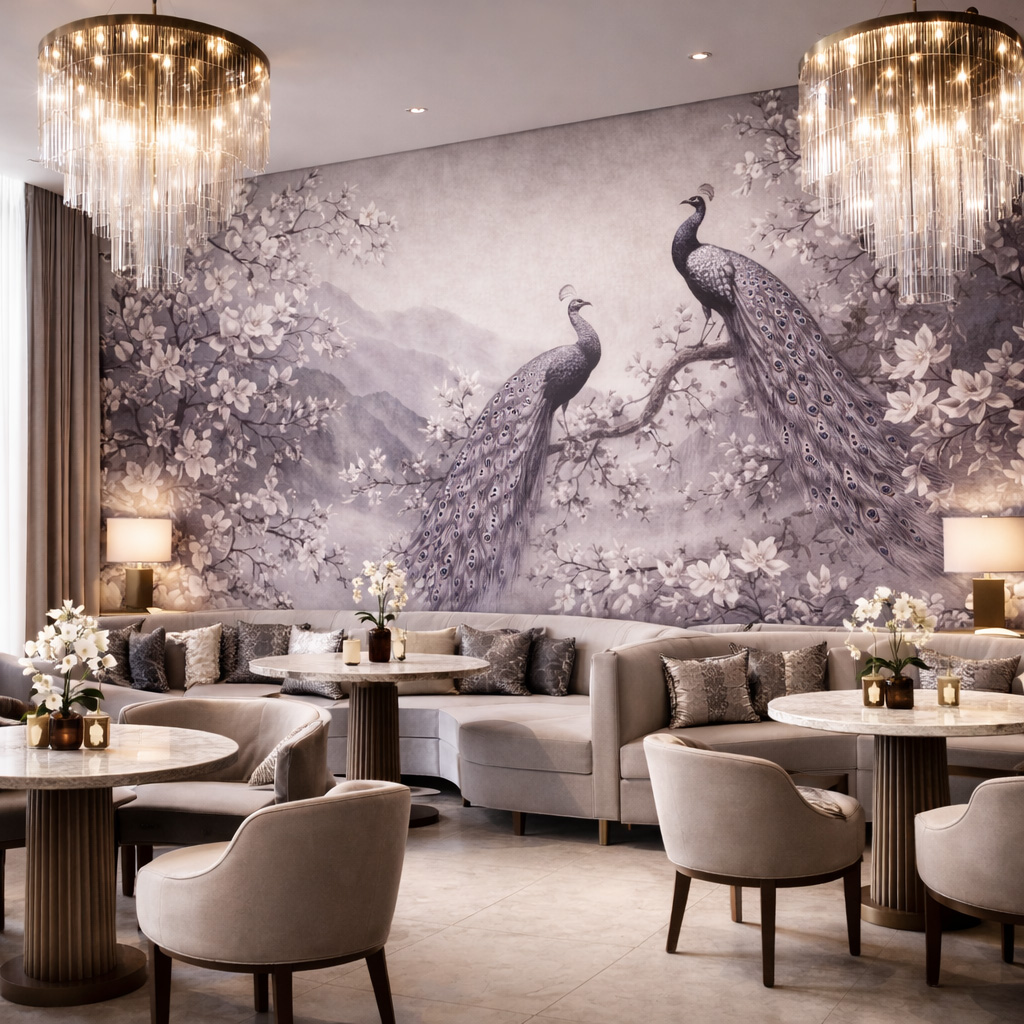 Commercial wallpaper installation in a hospitality or office space with clean lines and durable finish