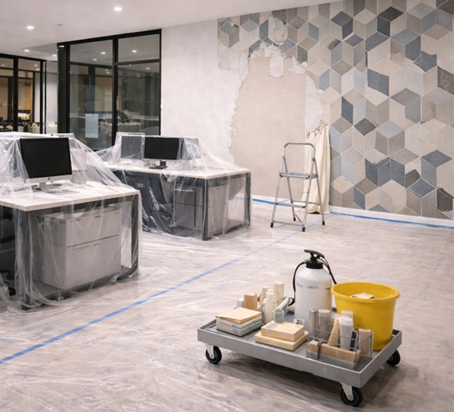 Commercial wallpaper removal in a hospitality or office space with protected surfaces